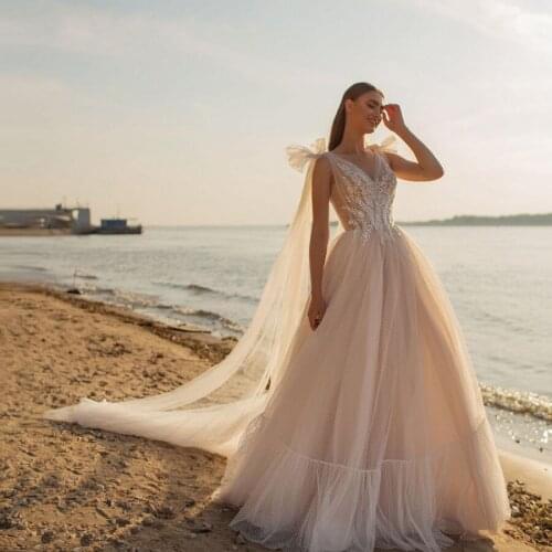 New Arrival V-neck Lace Appliqued Tulle A-line Wedding Dress Backless With Pearls vestido de noiva 2020 Wedding Gowns