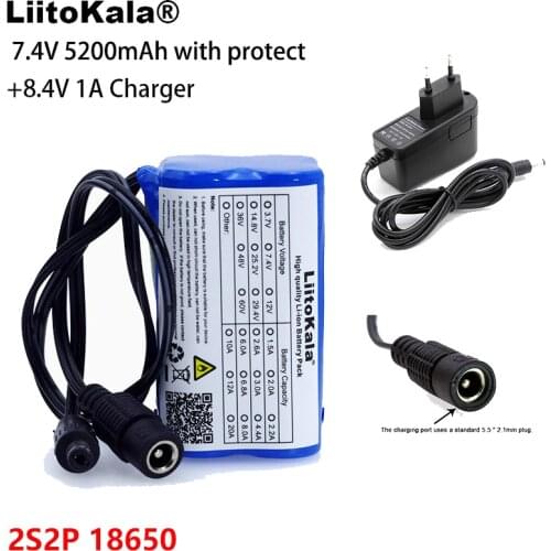 LiitoKala 7.4 V 5200 mAh with protect 8.4 V 18650 Li-ion Battery pack for bike lights Head lamp DC 5.5*2.1mm +8.4V 1A Charger
