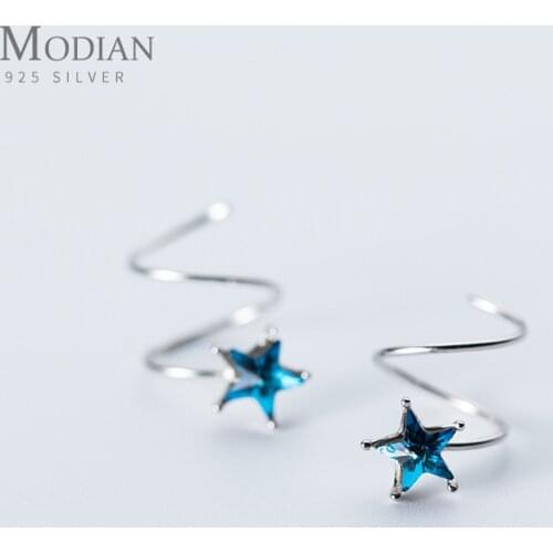 Modian Blue Crystal Geometric Elegant Stars Stud Earrings Fine 925 Sterling Silver Classic Female Accessories Charm Jewelry