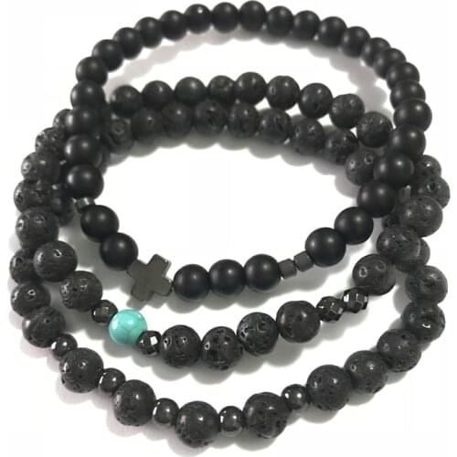 Fashion Cross Charm Blue Turquoises Bracelet for Men Natural Black Lava Stone Beads Bracelets Bangles Yoga Jewelry