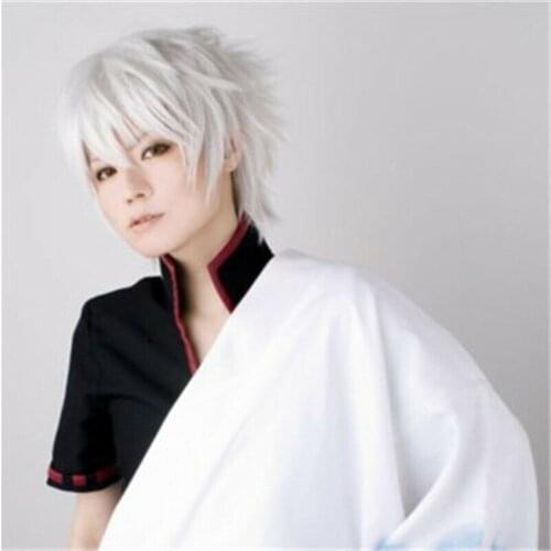 New Gintama Gintoki Sakata Cosplay Wigs Short White Heat Resistant Synthetic Hair Perucas Cosplay Wig + Wig Cap
