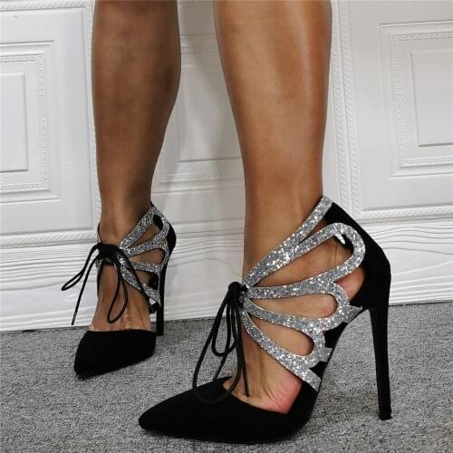 Sexy lady hollow silver butterfly lace up high heels woman pointed toe lace up butterfly stiletto heels real photos plus size