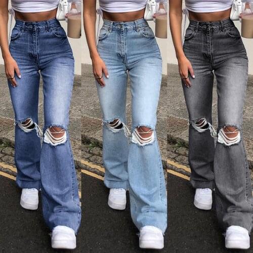 Ripped Denim Jeans Women Long Flare Trousers Wide Leg Pants Broken Destroyed Baggy Aesthetic Female Palazzo Knee Cut Big Hole#g3