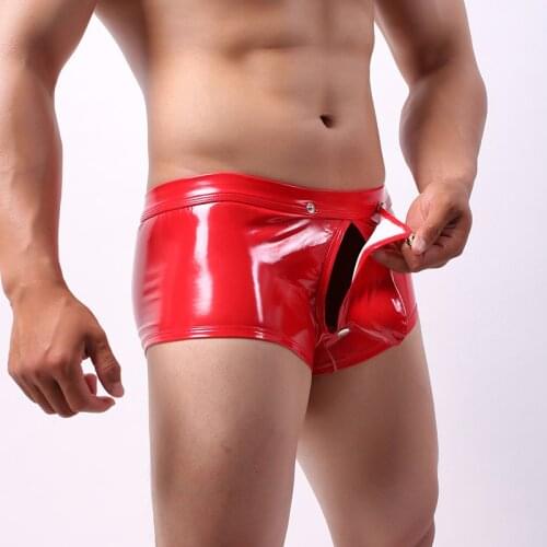 Sexy Mens Wetlook Leather Lingerie Low Rise Front Open Pouch Boxer Shorts Male Gay Club Erotic Pole Dance Mini Short Underwear