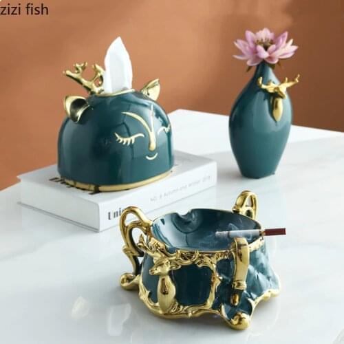 Modern Home Decorations Ceramics Deer Tissue Box Elk Ashtray Living Room Desktop Green Storage Ornaments Ash Storage Box Crafts