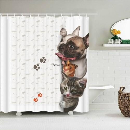 Cat Dog Bulldog Waterproof Shower Curtains Multi-size Animal Print Bathroom Curtains Polyester With Hooks Decor Bath Curtain