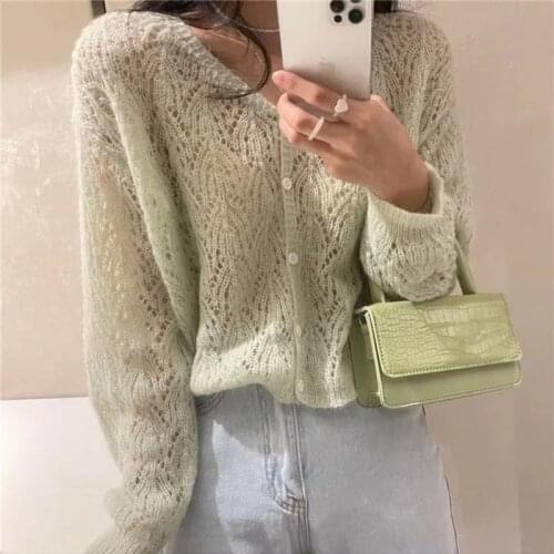 Bright Yellow Cardigan Sweater Jacket Casual Gentle Summer Spring Hollow Out Candy Color All-match Basic 2021 New