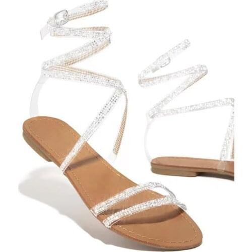 Womens Sandals 2021 Summer New Fashion Flat With Large Size 35-43 Diamond Ankle Strap Breathable Lightweight Hollow Slippers