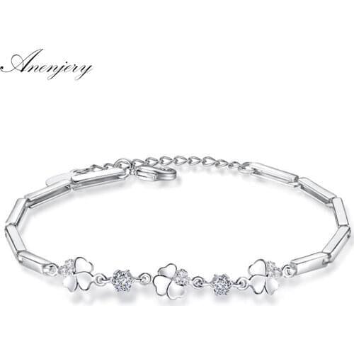 ANENJERY 925 Sterling Silver Zircon Good Luck Charms Bracelets For Women pulseira feminina Valentines Day present S-B105