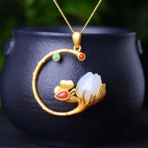 Natural Hetian Jade Carp Lotus Jade Pendant Female Jade Accessories Sweater Year Fish Hetian Jade Silver Necklace Female