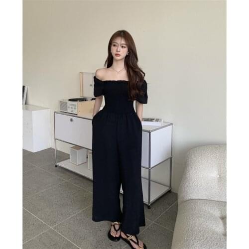 New Summer Women Casual Sexy Off Shoulder Black Jumpsuit Trousers Overalls Ladies High Waist Wide Leg Playsuit Romper