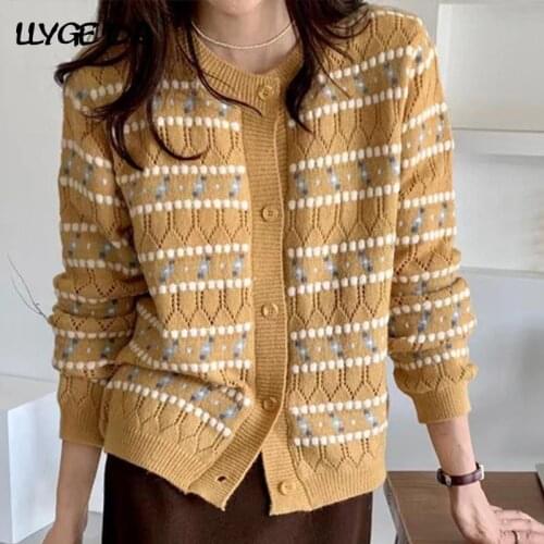 Lazy Style Loose Striped Cardigan For Women Sweaters O-Neck Long Sleeve Hollow Out Sweater Coat 2021 Autumn Sweet Knitwear