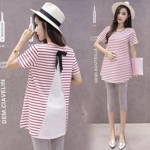 960# Back Lace Patchwork Striped Cotton Maternity Tees Summer Casual Chic Ins T Shirt Clothes for Pregnant Women Pregnancy Tops