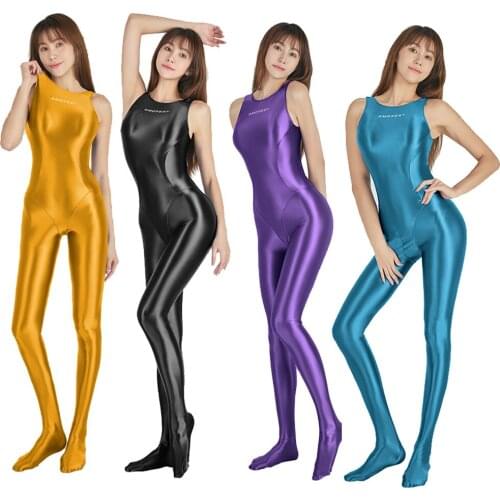 AMORESY Shiny Tights Oil Glossy Smooth Bodysuits Overalls Running Catsuit Playsuit Pantyhose Sexy Backless Sportswear Jumpsuit