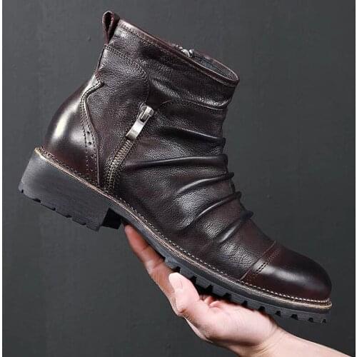 New Fashion Vintage British Men Leather Shoes Casual Round Toe Zip Ankle Boots Spring Autumn Business Dress Chelsea Boots