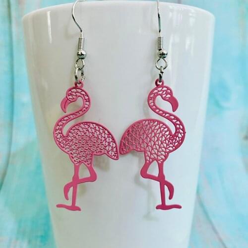 Metal Spray Paint Flamingo Earrings for Female Hollow Cute Fish Dragonfly Cat Pattern Filigree Earrings Girl Jewelry Gift New