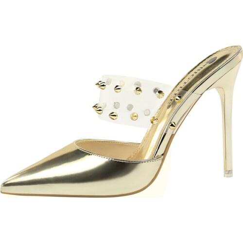 Fashion womens half-drag stiletto heel shallow mouth hollow transparent one-word slippers with metal rivets