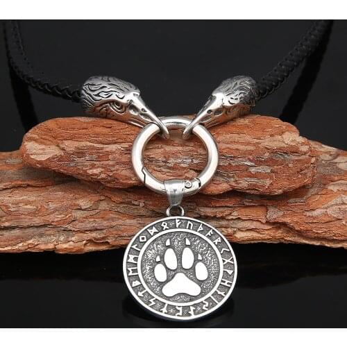 Mens Vintage Stainless Steel Norse Viking Odins Raven Skull&Wolf Paw Runes Pendant Necklace Gifts Amulet Jewelry