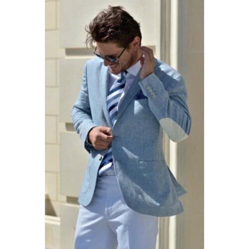 Latest Blue Linen Jacket White Pant Groom Tuxedo Wedding Mens Suits 2 Pieces Elbow Patched Blazer Groomsman Best Men Suit
