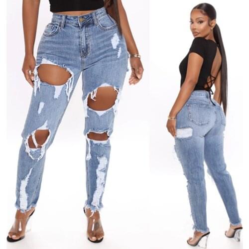 2020 New Womens Jeans Ripped Holes Thin Womens Denim Trousers Womens Pants Mid-Waist Blue Straight-Leg Pants Fashion Pants
