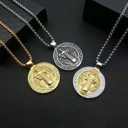 New arrival Catholic Saint Benedict Medallion Pendant Necklace Gold Silver Color Stainless Steel San Benito Collares Men Jewelry