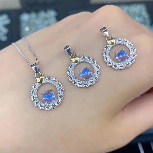 Engagement Two Tons Plated Flower 925 Sterling Silver Blue Natural Moonstone Pendant Necklace