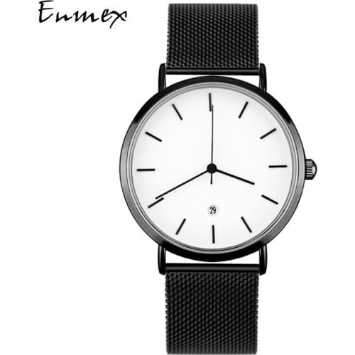 2019 Enmex creative styleB wristwatch cool black charm with calendar casual Stainless steel fashion Stylish clock quartz watch