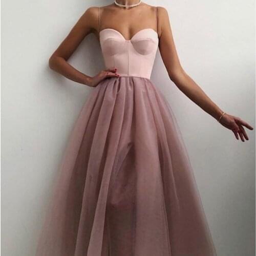 Simple A-Line Dusty Pink Short Prom Dresses Sexy Spaghetti Straps Satin And Tulle Ankle-Length Party Evening Gowns