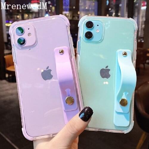 Wrist Strap Clear Silicone Phone Case For iPhone 11 12 Pro X XR XS Max SE 2020 7 8 Plus Candy Color Holder Shockproof Soft Cover