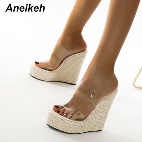 Aneikeh Summer Sandals Women Shoes Slingbacks Pumps Round Toe PVC Concise Shallow Wedges Slip-On Size 35-42 New 2020 Fashion