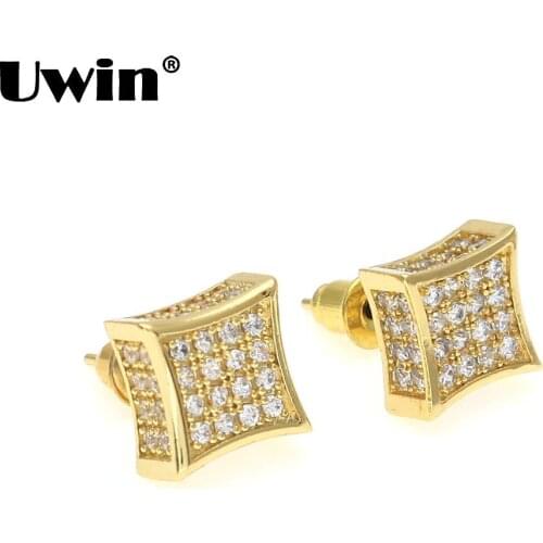 Uwin Luxury Earings Full Crystal Zirconia CZ Stud Earrings Trendy Top Quality Gold Silver Color 12mm*12mm Men Women Punk Brincos