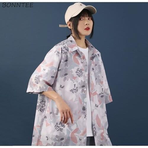 Shirts Women Retro Floral Ulzzang Popular Single Breasted Harajuku All-match Summer Vintage Chic Couple Teens Top Short Sleeve