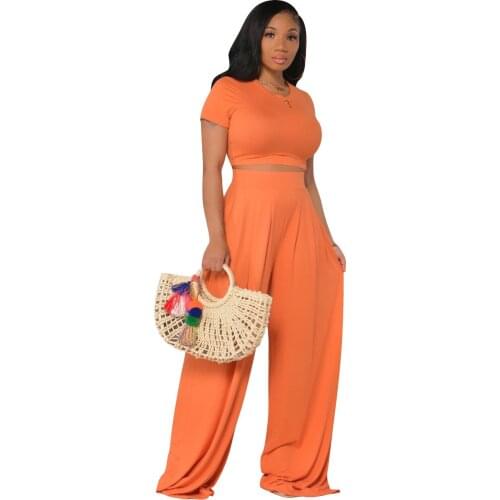 2 piece set women summer solid cropped t shirt+wide leg pants 2 pc set for women matching sets orange green black pants sets