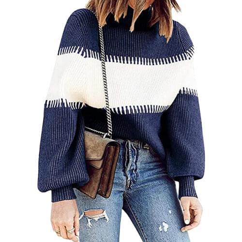 Women ribbed patchwork long sleeve turtleneck sweater 2021 col rouler femme Black brown green khaki women pollover