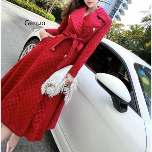 2020 Autumn Winter Burgundy Velvet Long Overcoat Womens Notched Collar Outwear Vintage Thick Maxi Trench Coat
