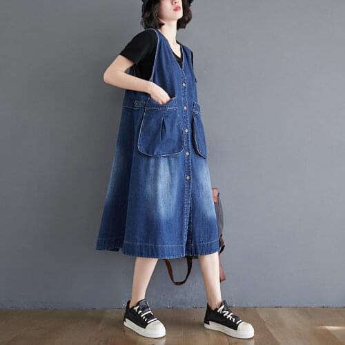 2021 New Spring Summer Women Retro Denim Vest Dress Loose Oversized V-neck Big Pocket Sleeveless dDress Female aq051