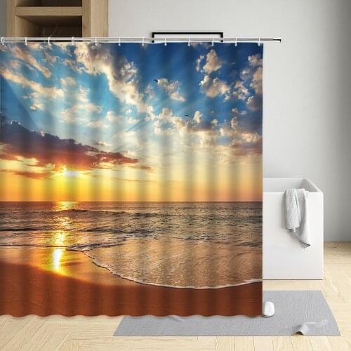 Golden Sandy Beach View Shower Curtain Ocean sunset waves Environmental protection fabric Home Bathroom Decor Screen With Hooks