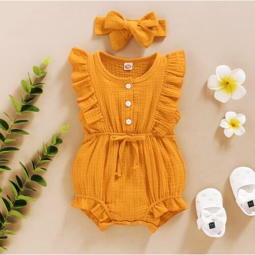 Baby Summer Girls Romper + Headband Cotton Linen Ruffles Sleeveless Jumpsuit Infant Rompers Newborn Clothes 6 Colors