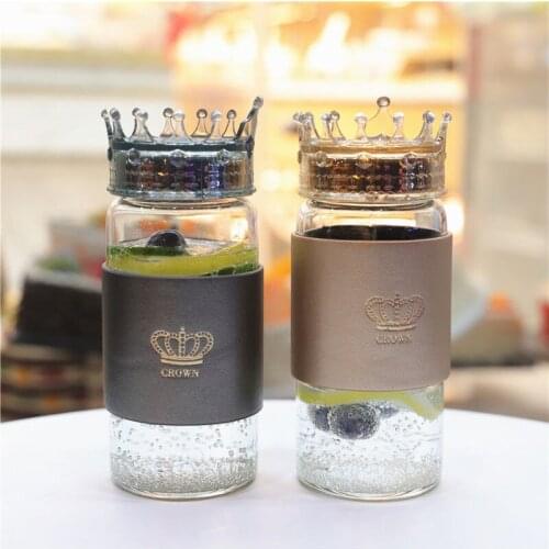 320ml Fashion Glass Water Bottle Cup With Crown Lid Body Cover Heat Resistant Leak-proof Drinking Bottle