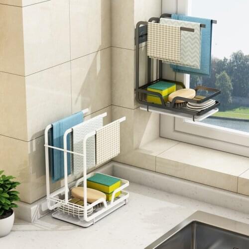 New Kitchen Sink Sponge Holder With Drain Pan Sponge Brush Soap Dishcloth Rack Wall Mounted Desktop Bathroom Storage Towel Rack