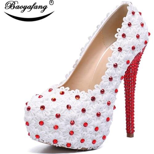 BaoYaFang 2019 NEW ARRIVE White flower Wedding shoes Bride 14cm Super Heels Appliques shoes Sweet Party dress shoes for woman