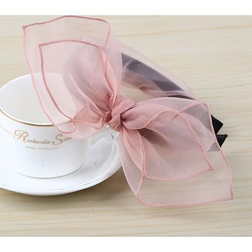Double Layer Mesh Women Headband Bunny Ears Bowknot Hairbands Solid Color Elegant Girls Tiara Headwrap