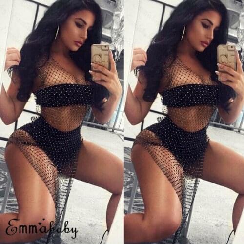 Sexy Women Summer Lace Fishnet Bikini Cover Up Swimwear Bathing Suit Beach Dress See Through Swimsuit Swimwear Tops Black White