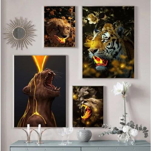Modern Lioness Tiger with Magma Canvas Painting Animal Posters and Prints Nordic Wall Art Picture for Living Room Home Decor