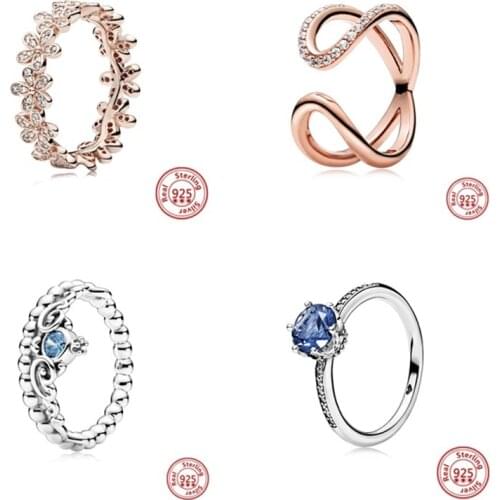 Real 925 Sterling Silver Princess Tiara Crown Sparkling Love Heart CZ Rings For Women Fine Engagement Jewelry Anniversary Gifts