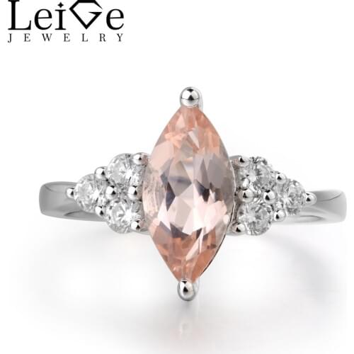 Leige Jewelry Real Natural Pink Morganite Ring Wedding Rings Marquise Cut Romantic Gifts Genuine Solid 925 Sterling Silver