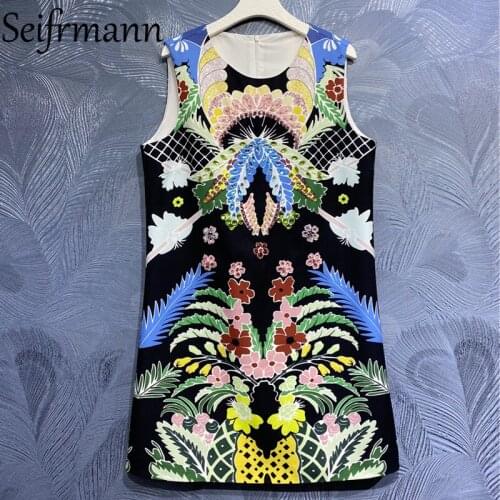 Seifrmann New 2021 Summer Women Fashion Runway Mini Dress Sleeveless Gorgeous Crystal Beading Vintage Printed Ladies Dresses