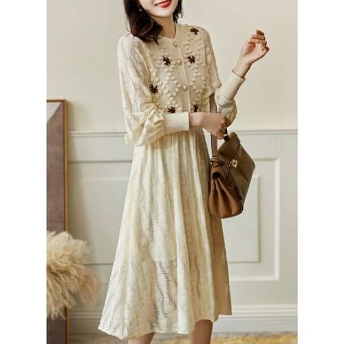 Spring Autumn Milky Dress Female New O-Neck Knit Lace Dress Women Long Sleeve One Size Stitching Hollow Lady Dresses Vestidos