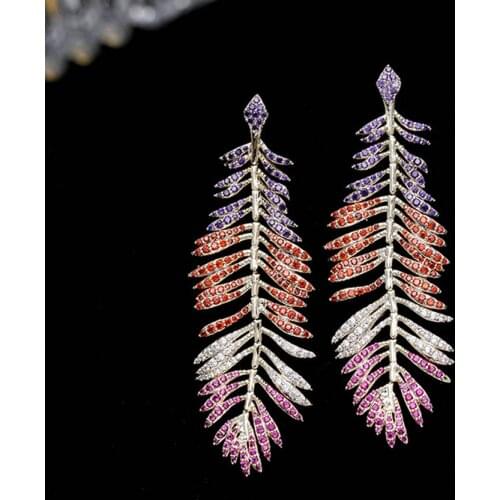 1 Pair Long Tassel Fashion Feather Style Ethnic Fully-Jewelled CZ Dangle Earring Wedding Earrings Accessories