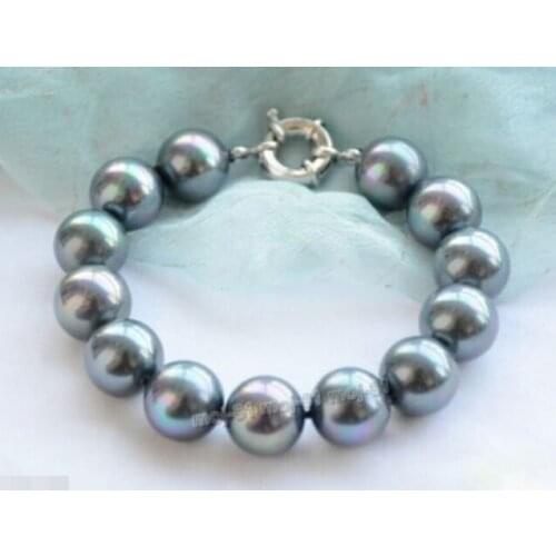 12mm Peacock Black South Sea Shell Pearl Round Beads Bracelets 7.5"